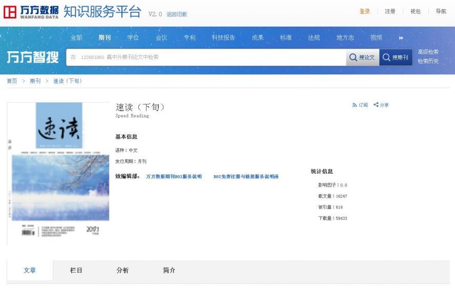 《速讀》期刊在萬方期刊網上的截圖 《速讀》期刊在萬方期刊網上的截圖